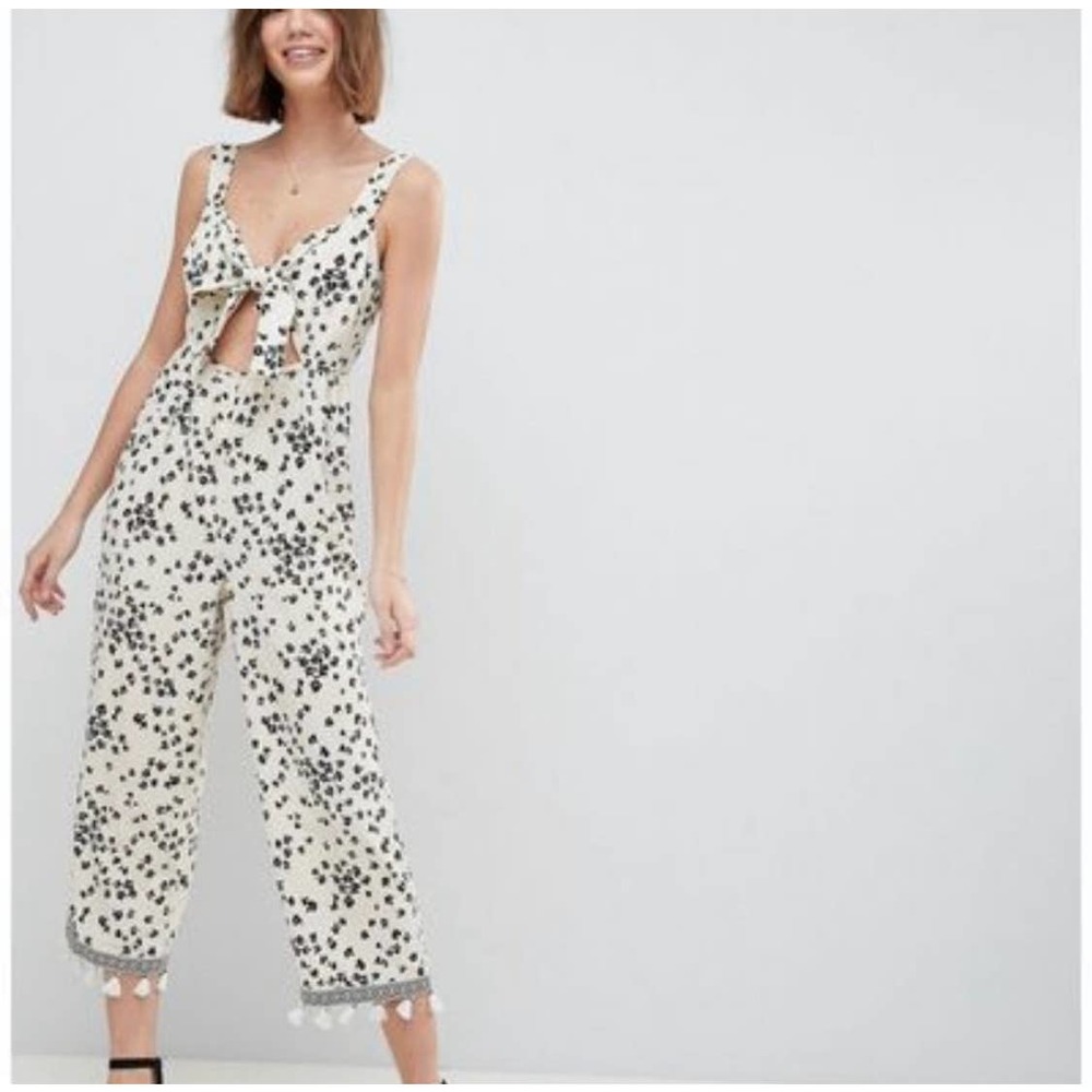 ASOS cream white floral pom pom tassel gypsy sleeveless jumpsuit